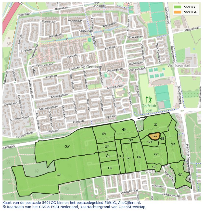 Afbeelding van het postcodegebied 5691 GG op de kaart.