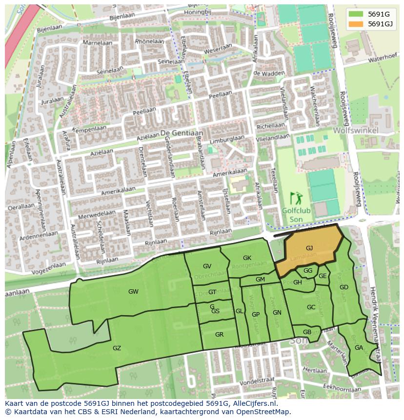 Afbeelding van het postcodegebied 5691 GJ op de kaart.