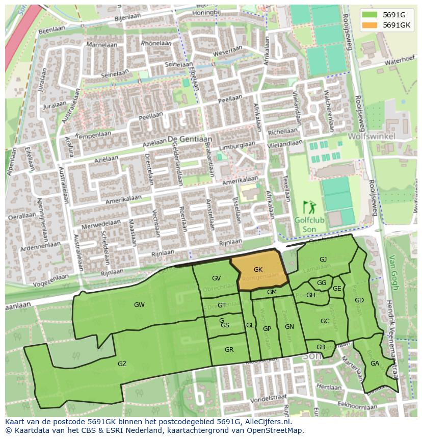 Afbeelding van het postcodegebied 5691 GK op de kaart.