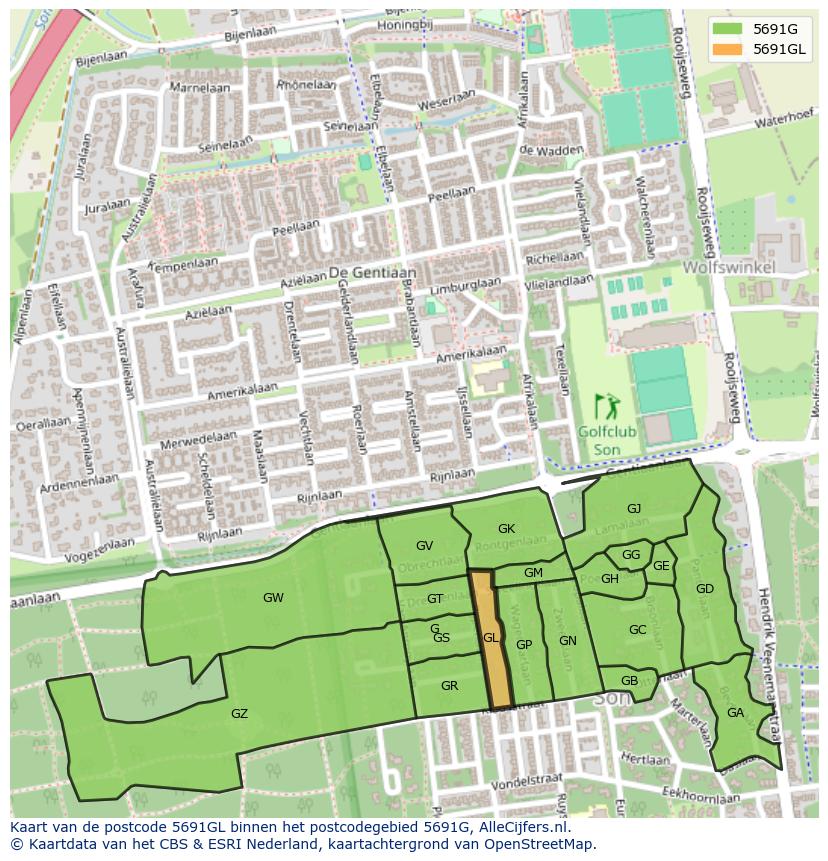 Afbeelding van het postcodegebied 5691 GL op de kaart.