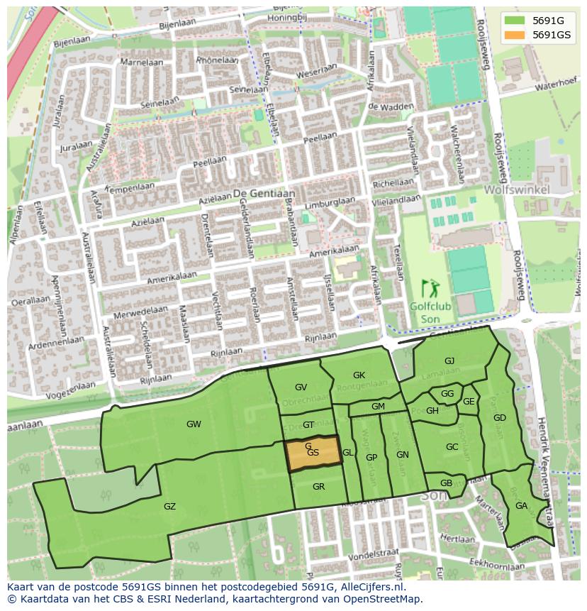 Afbeelding van het postcodegebied 5691 GS op de kaart.