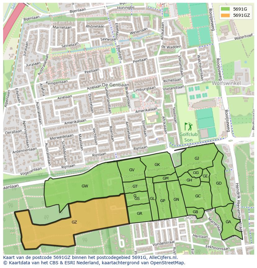 Afbeelding van het postcodegebied 5691 GZ op de kaart.