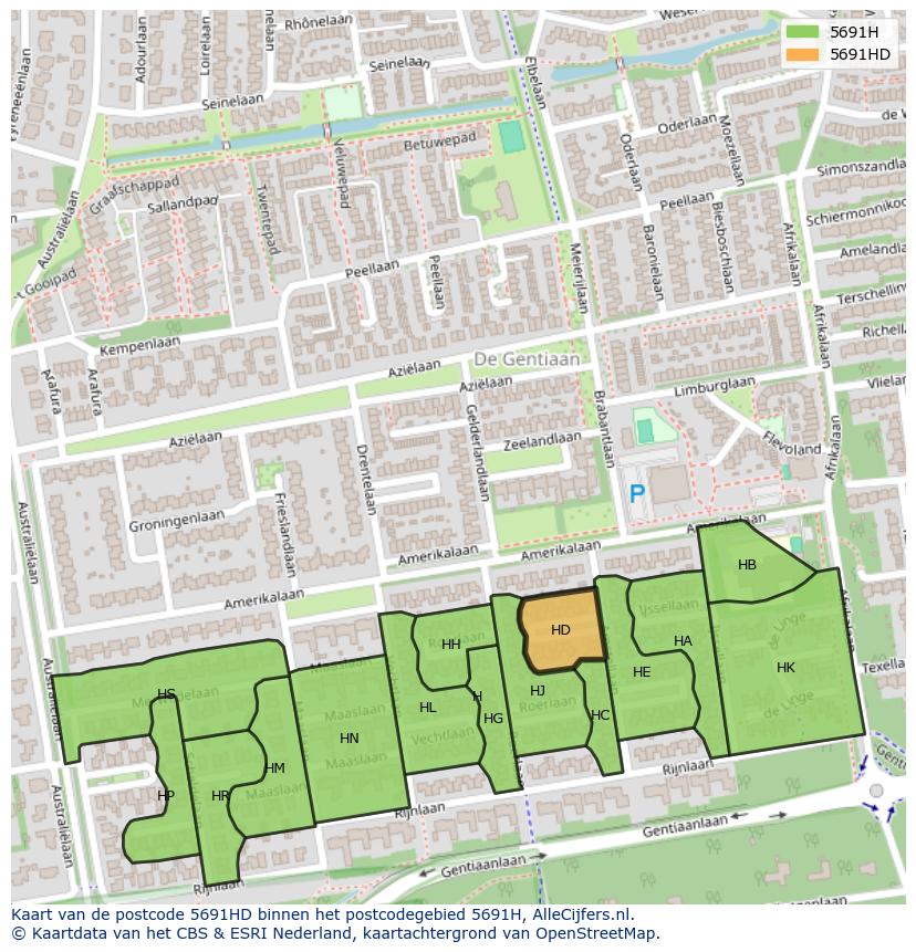 Afbeelding van het postcodegebied 5691 HD op de kaart.