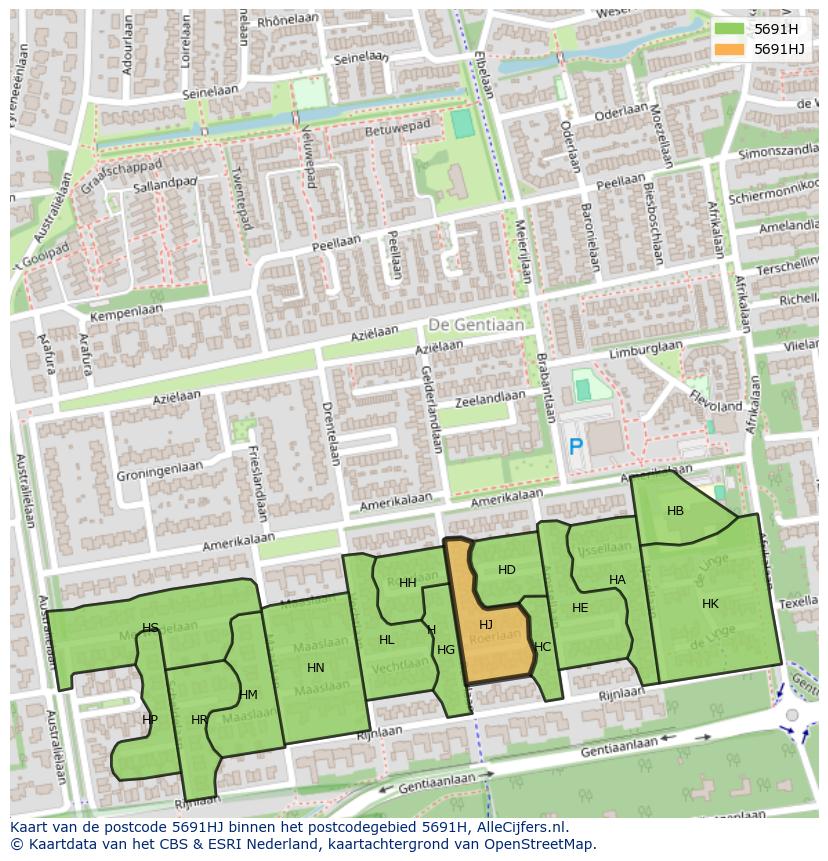 Afbeelding van het postcodegebied 5691 HJ op de kaart.