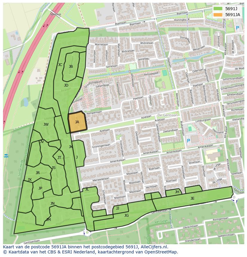 Afbeelding van het postcodegebied 5691 JA op de kaart.