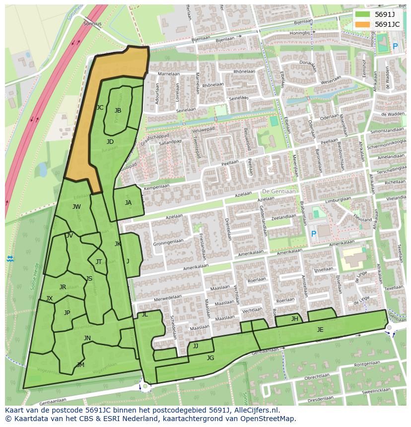 Afbeelding van het postcodegebied 5691 JC op de kaart.