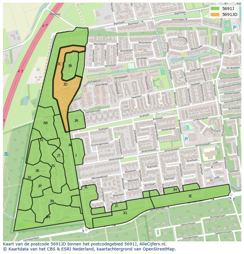 Afbeelding van het postcodegebied 5691 JD op de kaart.