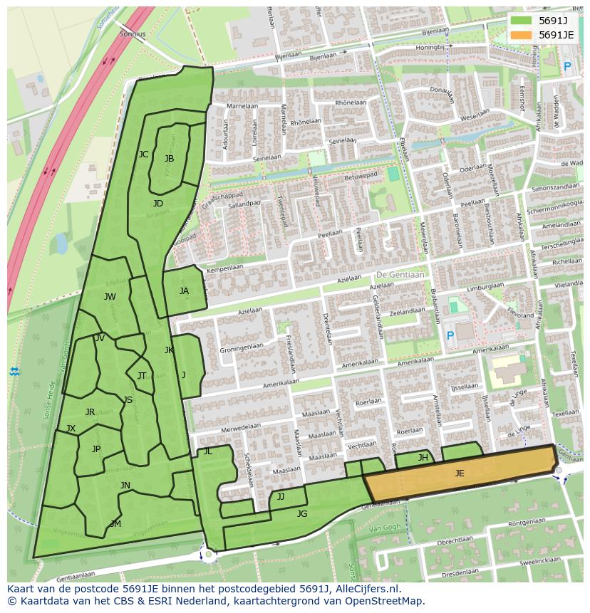 Afbeelding van het postcodegebied 5691 JE op de kaart.