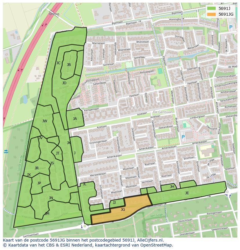 Afbeelding van het postcodegebied 5691 JG op de kaart.