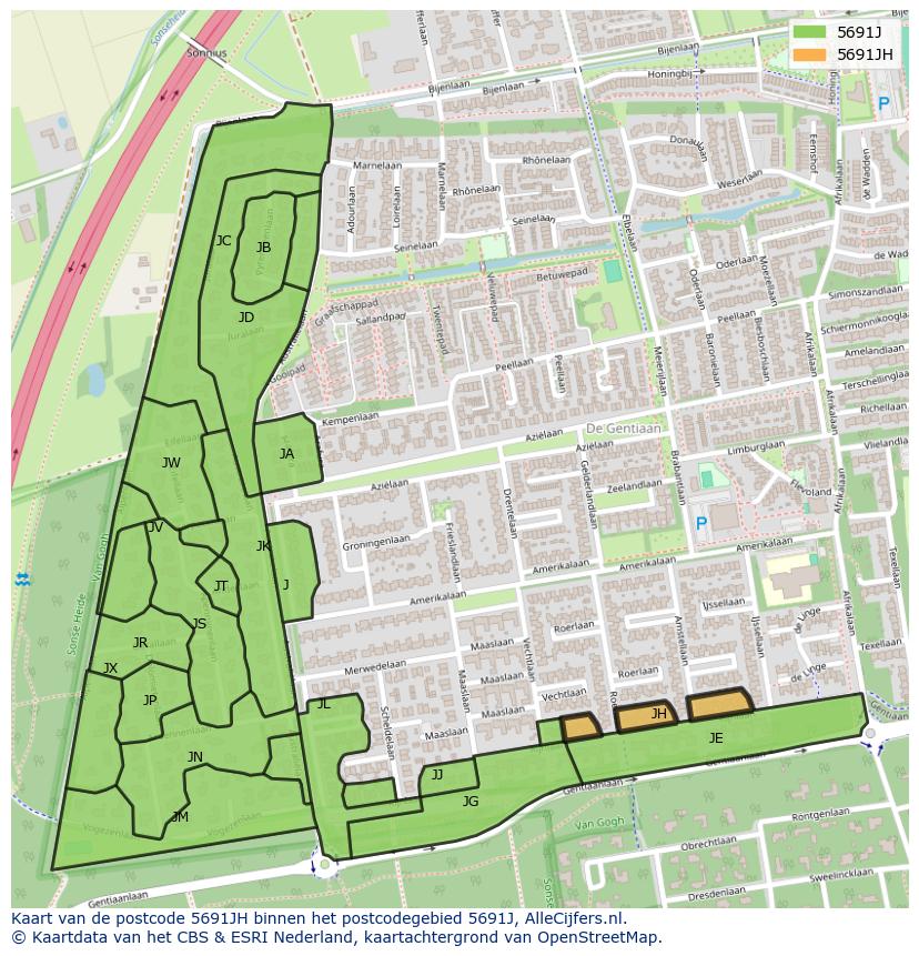Afbeelding van het postcodegebied 5691 JH op de kaart.