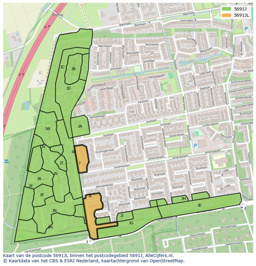 Afbeelding van het postcodegebied 5691 JL op de kaart.