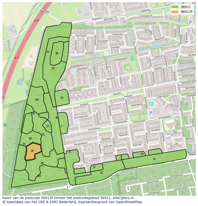Afbeelding van het postcodegebied 5691 JP op de kaart.