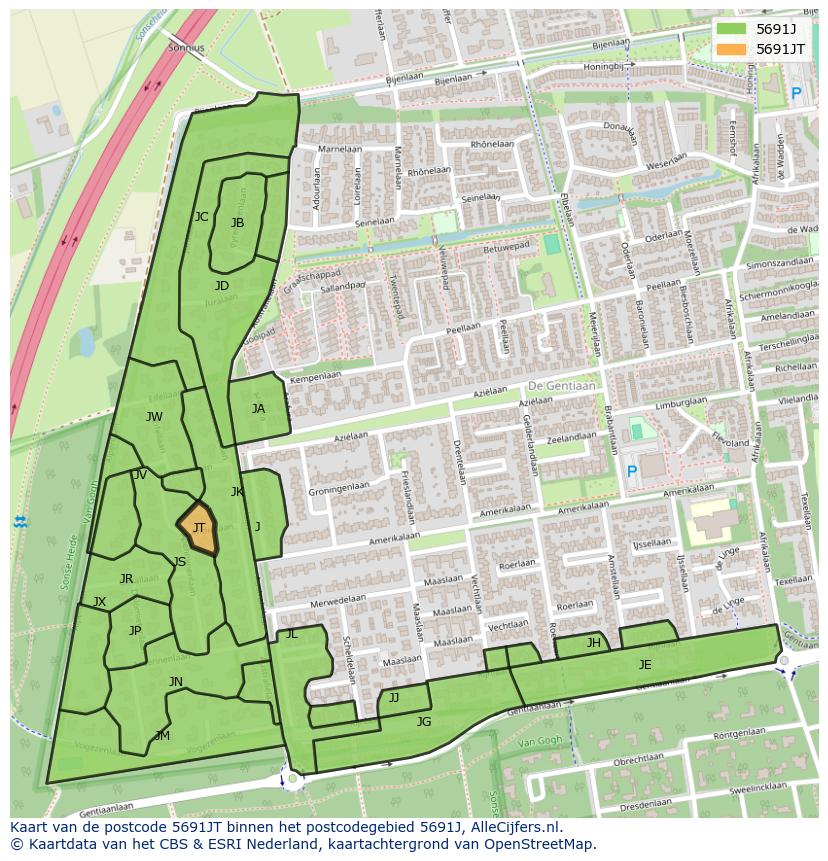 Afbeelding van het postcodegebied 5691 JT op de kaart.
