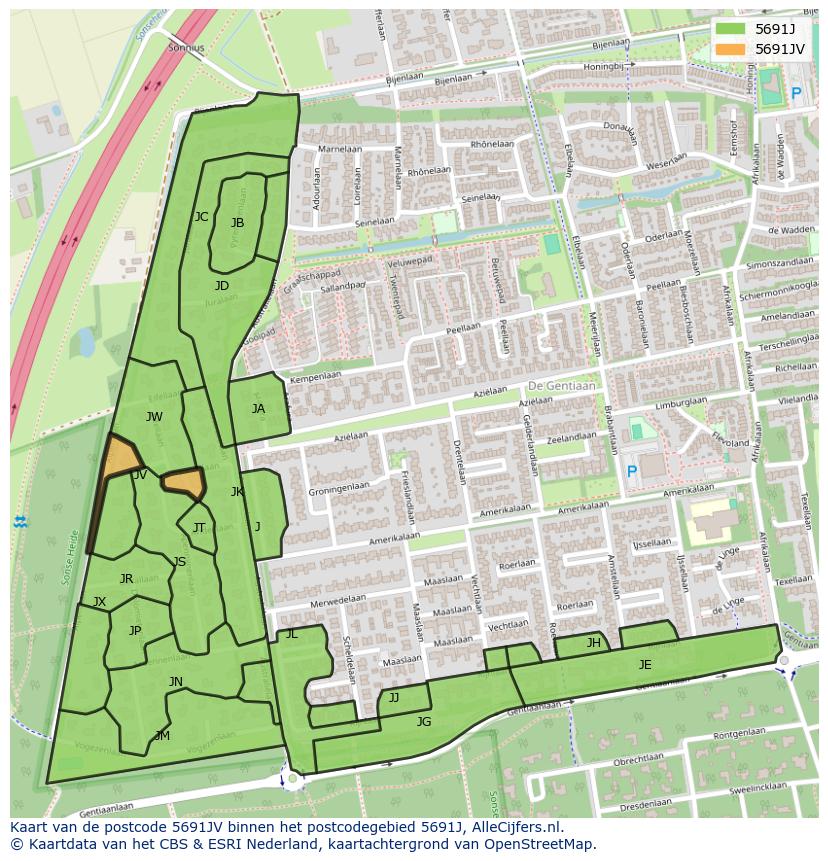 Afbeelding van het postcodegebied 5691 JV op de kaart.