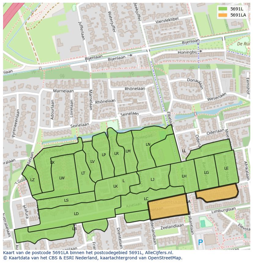 Afbeelding van het postcodegebied 5691 LA op de kaart.