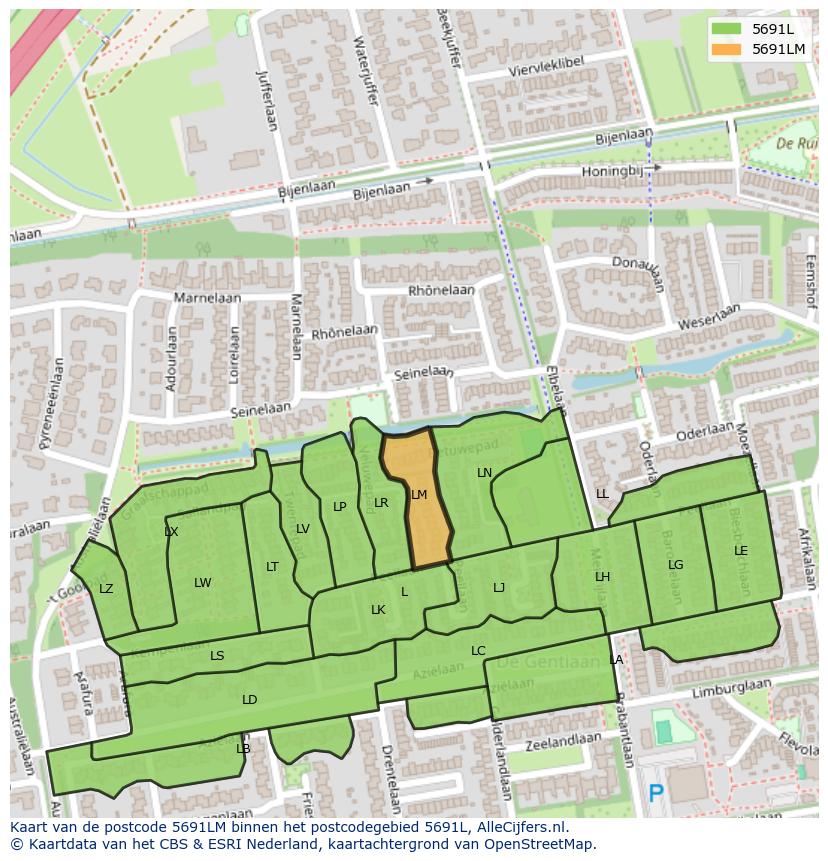 Afbeelding van het postcodegebied 5691 LM op de kaart.