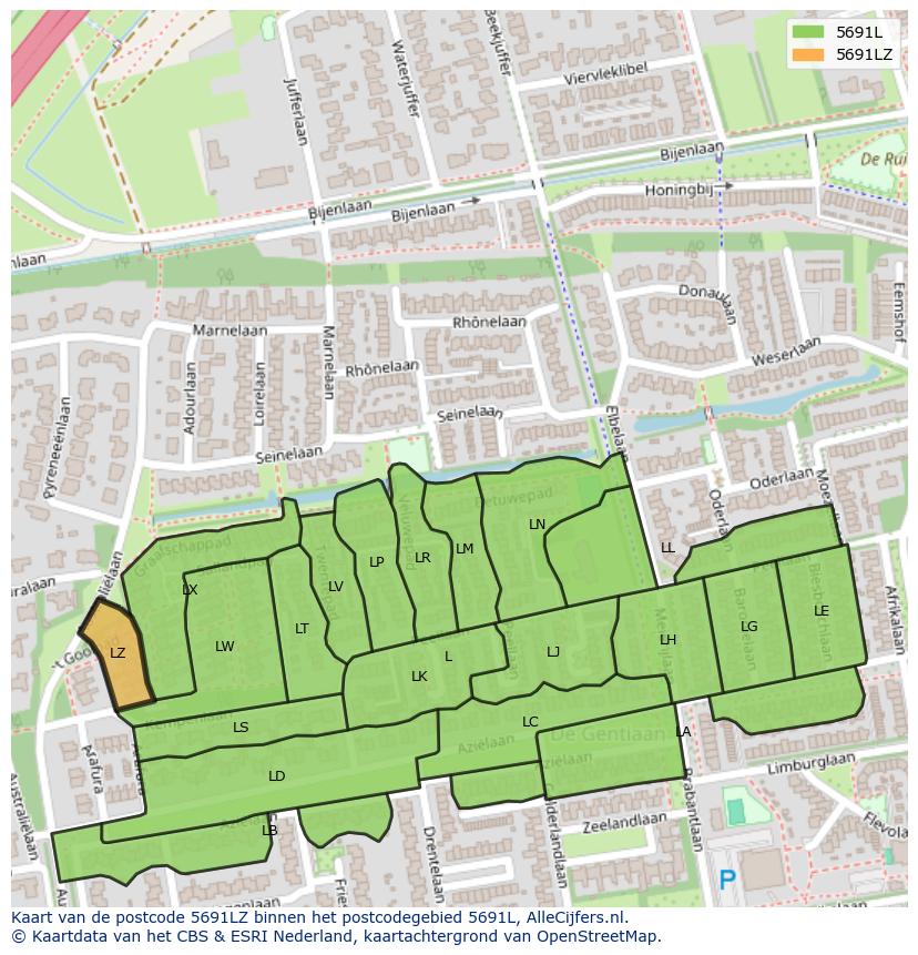 Afbeelding van het postcodegebied 5691 LZ op de kaart.