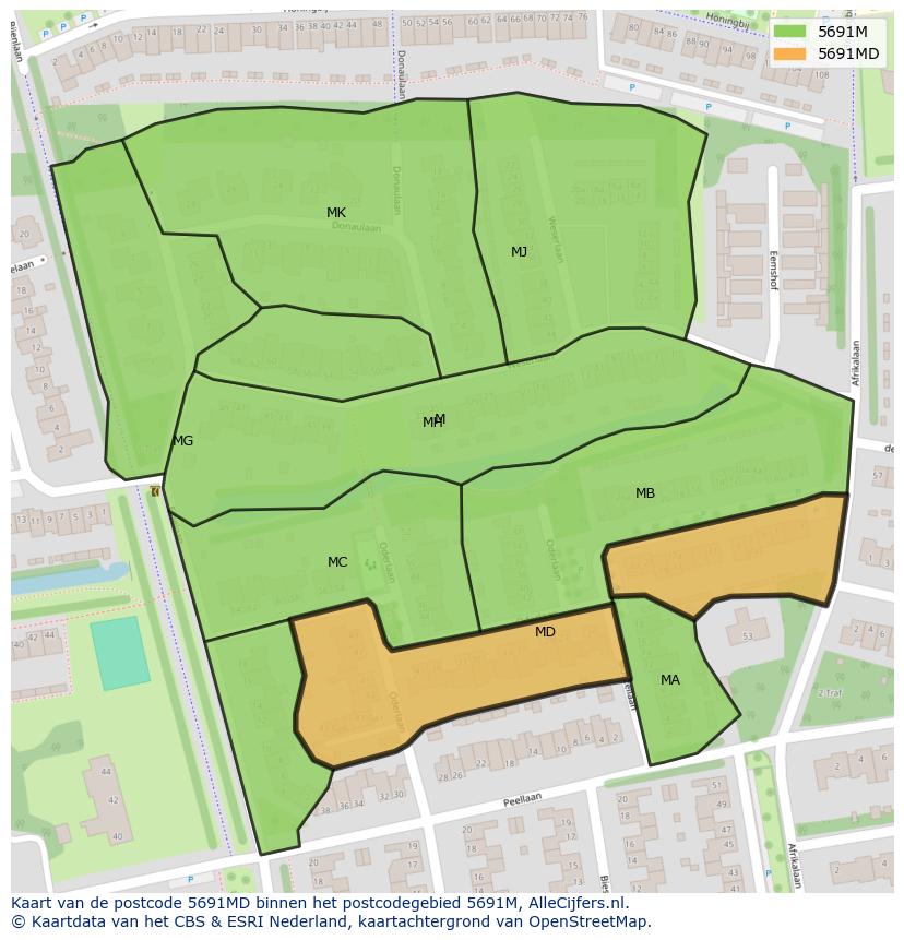 Afbeelding van het postcodegebied 5691 MD op de kaart.