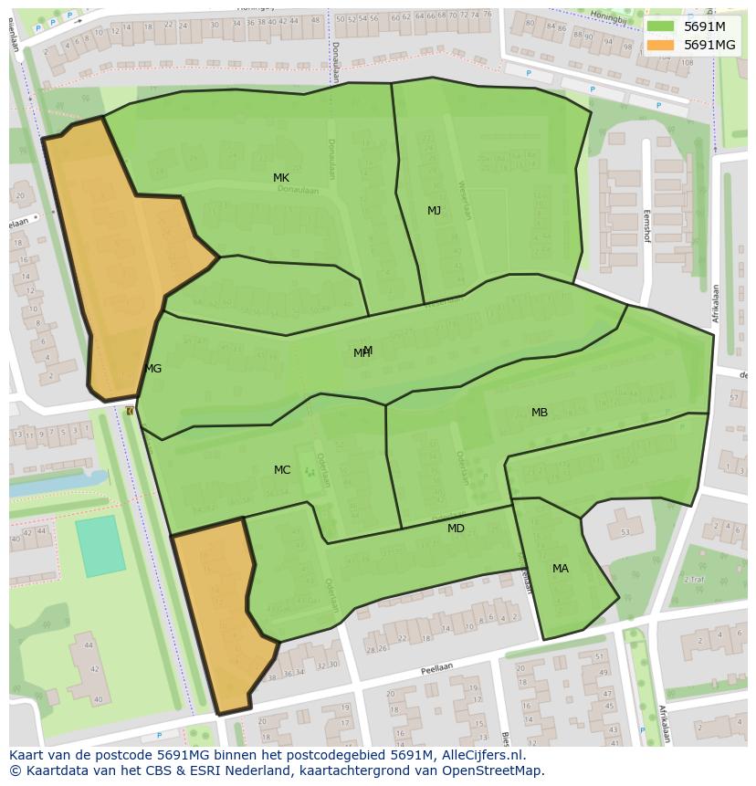 Afbeelding van het postcodegebied 5691 MG op de kaart.