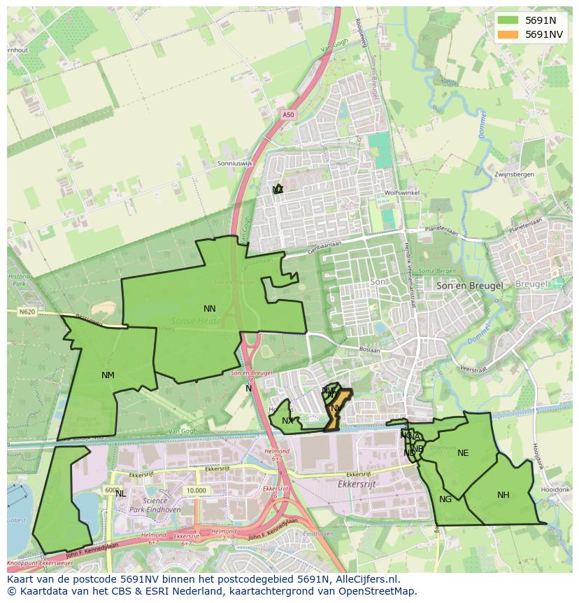 Afbeelding van het postcodegebied 5691 NV op de kaart.