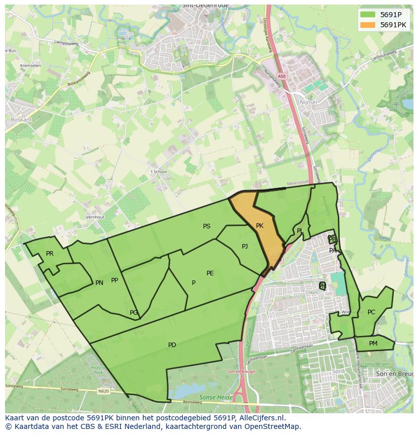 Afbeelding van het postcodegebied 5691 PK op de kaart.