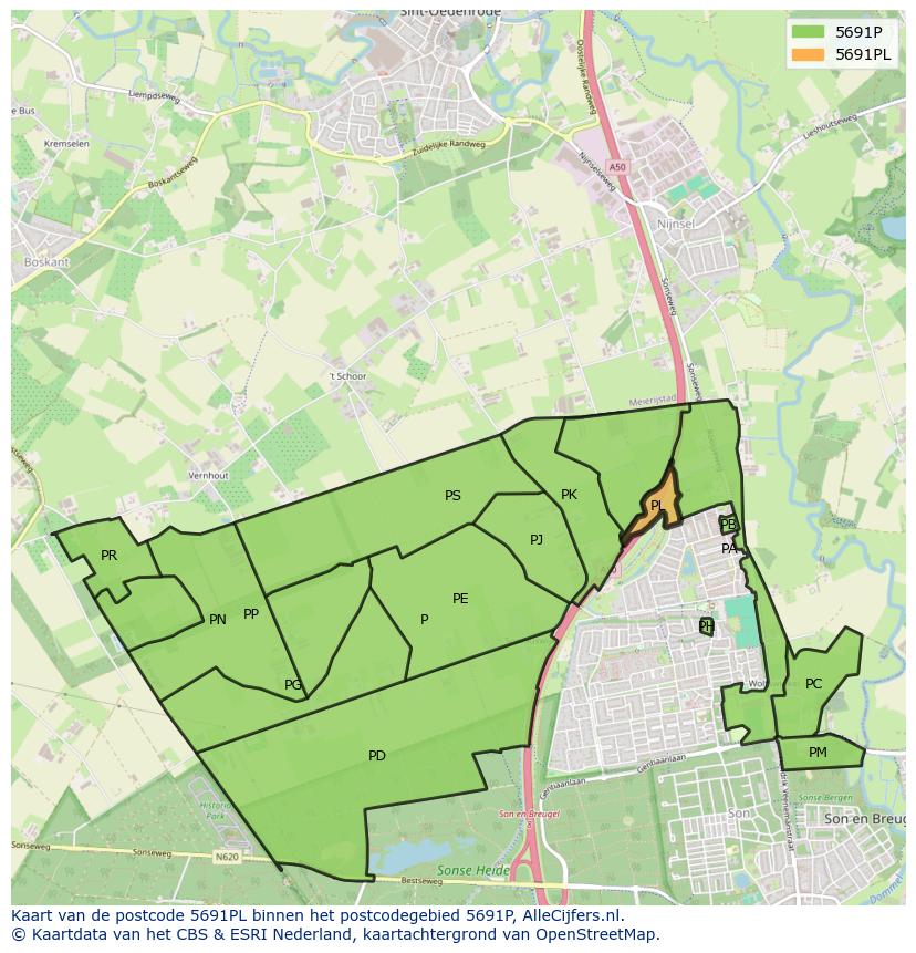 Afbeelding van het postcodegebied 5691 PL op de kaart.