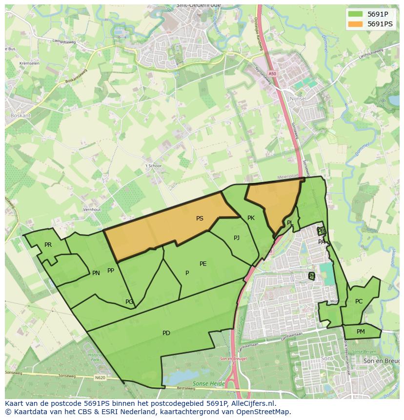 Afbeelding van het postcodegebied 5691 PS op de kaart.