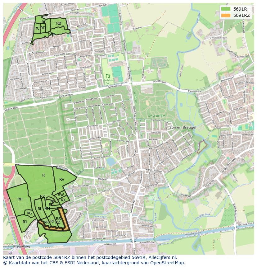 Afbeelding van het postcodegebied 5691 RZ op de kaart.