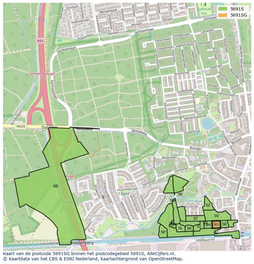 Afbeelding van het postcodegebied 5691 SG op de kaart.