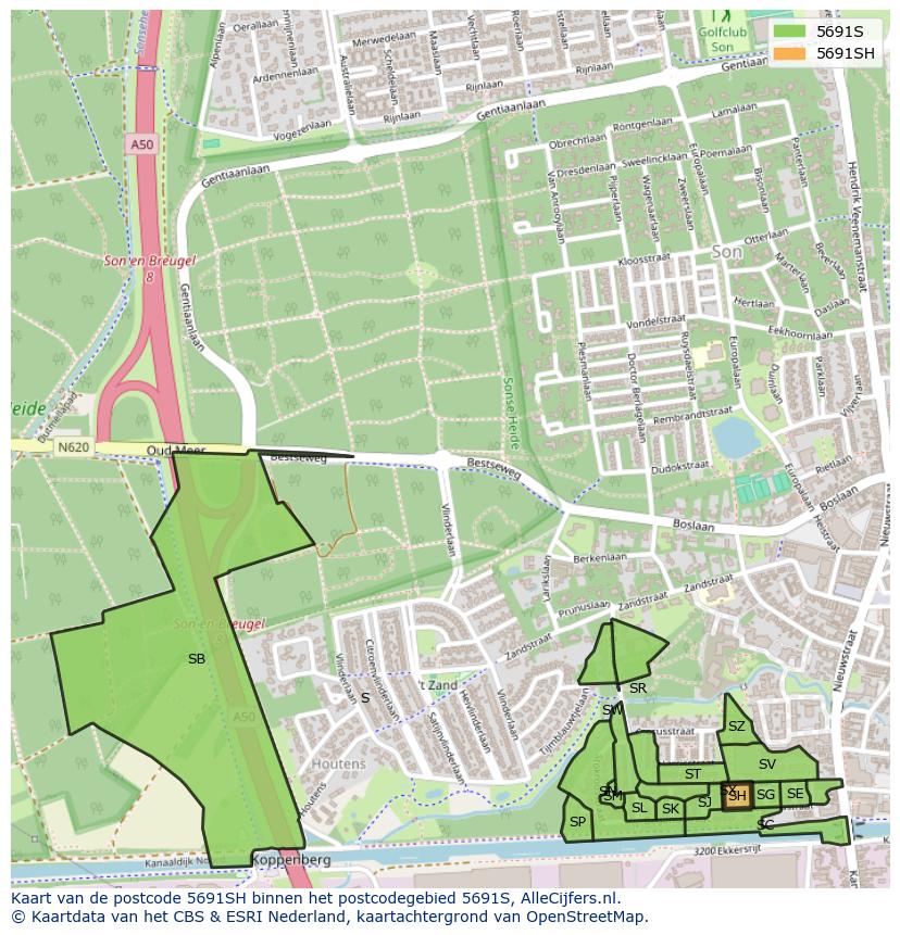 Afbeelding van het postcodegebied 5691 SH op de kaart.