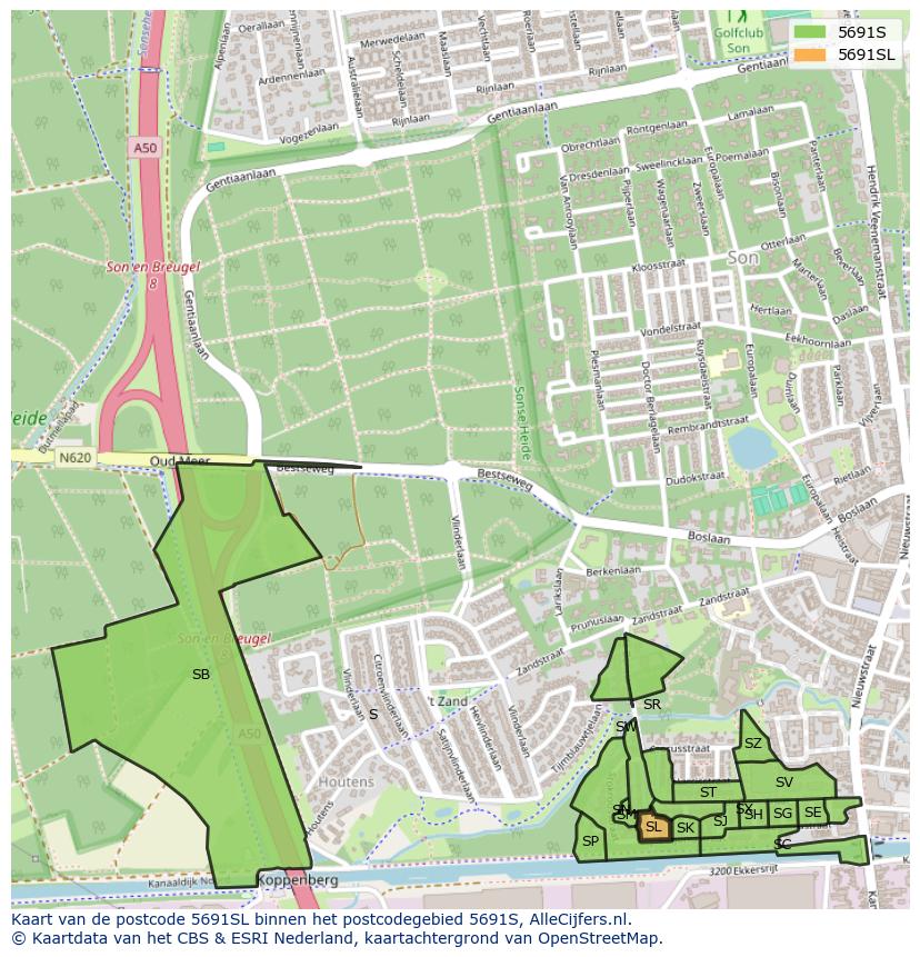 Afbeelding van het postcodegebied 5691 SL op de kaart.