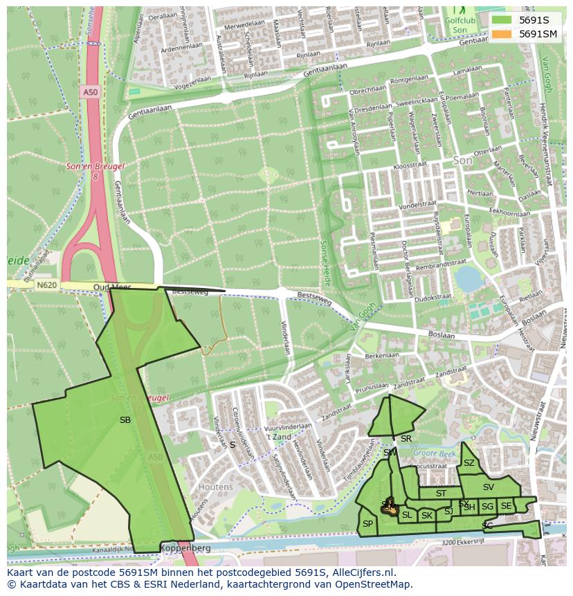 Afbeelding van het postcodegebied 5691 SM op de kaart.