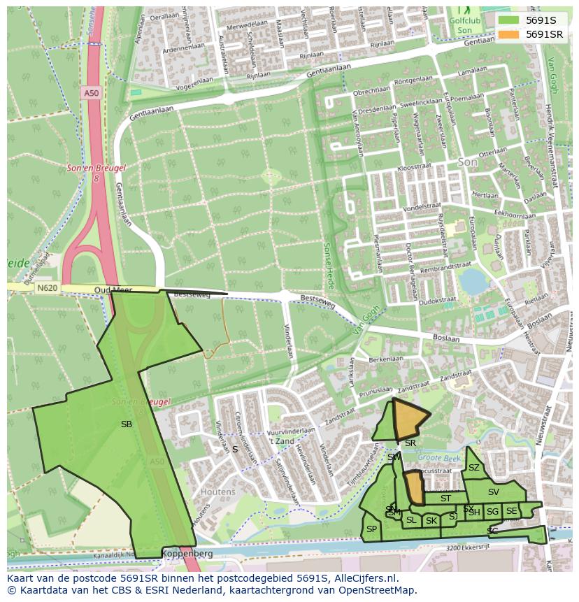 Afbeelding van het postcodegebied 5691 SR op de kaart.