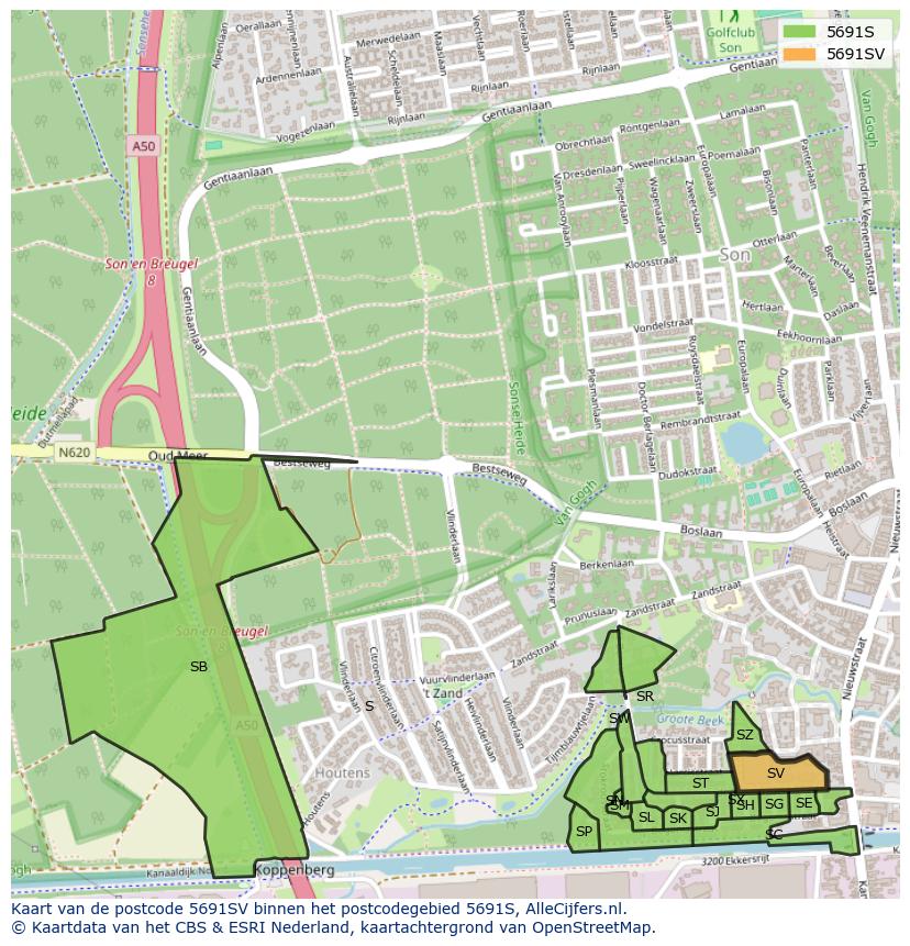 Afbeelding van het postcodegebied 5691 SV op de kaart.