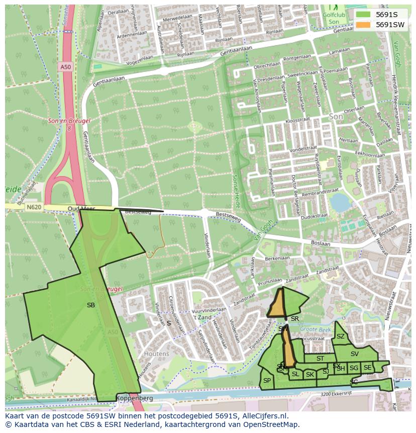 Afbeelding van het postcodegebied 5691 SW op de kaart.