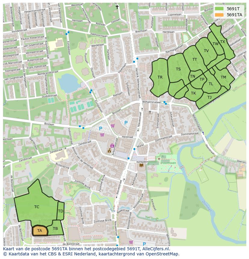 Afbeelding van het postcodegebied 5691 TA op de kaart.