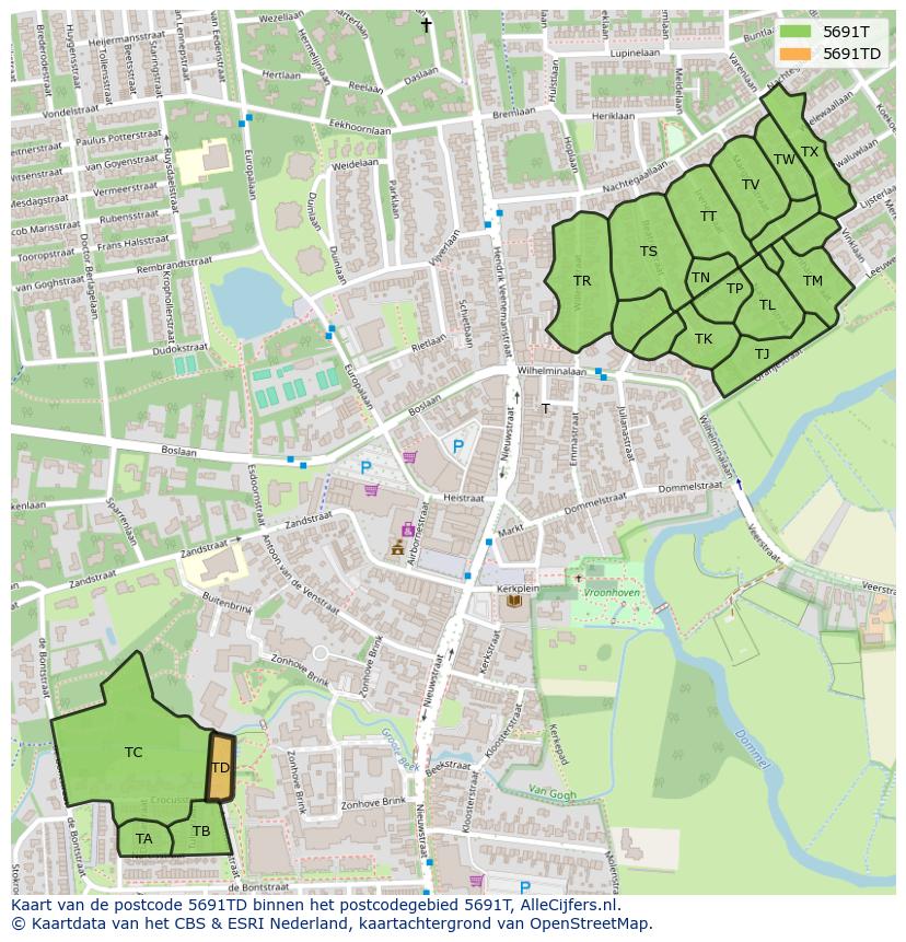 Afbeelding van het postcodegebied 5691 TD op de kaart.