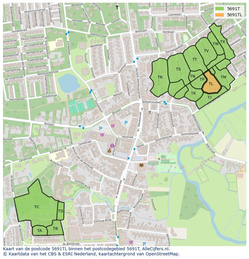 Afbeelding van het postcodegebied 5691 TL op de kaart.