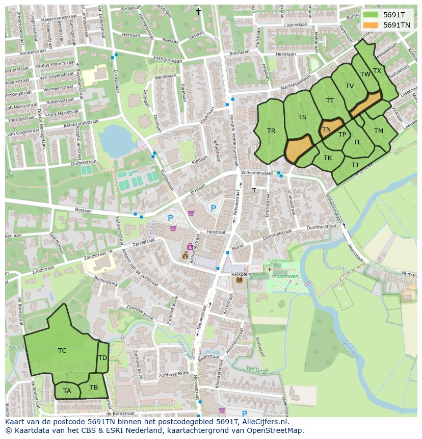 Afbeelding van het postcodegebied 5691 TN op de kaart.