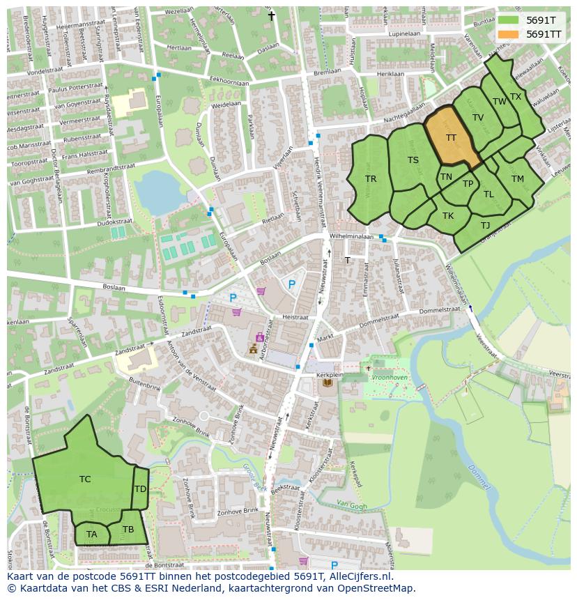 Afbeelding van het postcodegebied 5691 TT op de kaart.