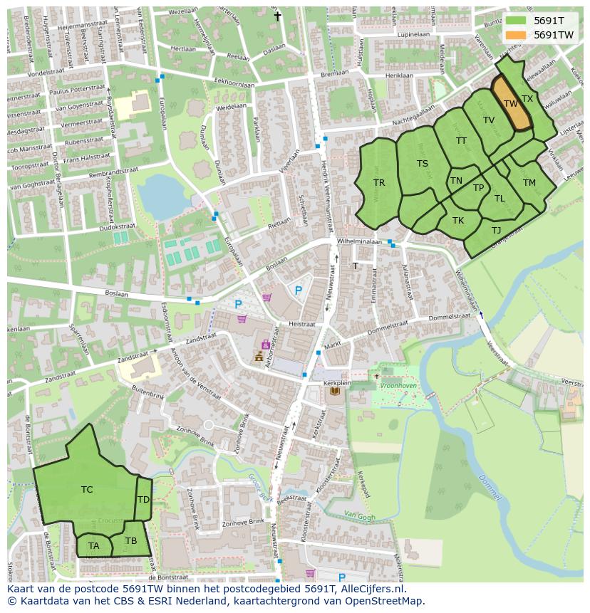Afbeelding van het postcodegebied 5691 TW op de kaart.