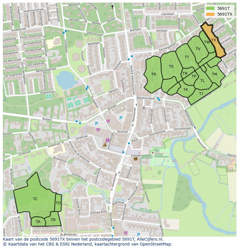 Afbeelding van het postcodegebied 5691 TX op de kaart.