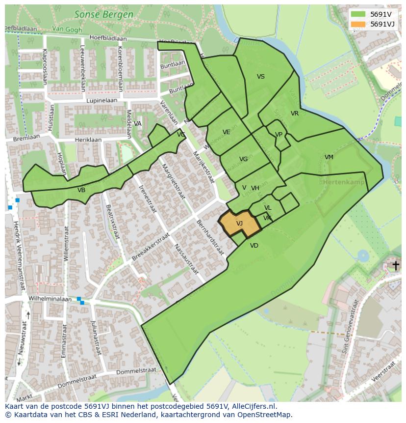 Afbeelding van het postcodegebied 5691 VJ op de kaart.