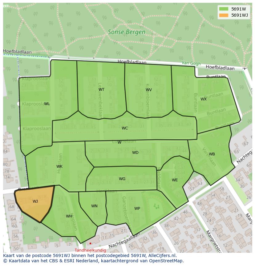 Afbeelding van het postcodegebied 5691 WJ op de kaart.