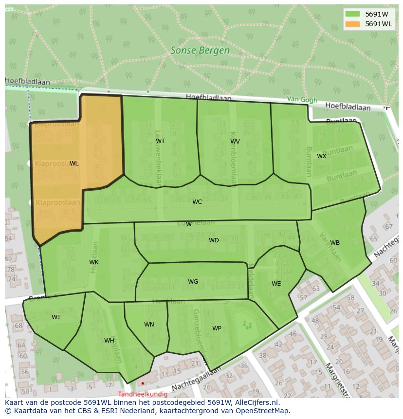 Afbeelding van het postcodegebied 5691 WL op de kaart.