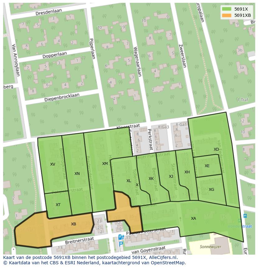 Afbeelding van het postcodegebied 5691 XB op de kaart.