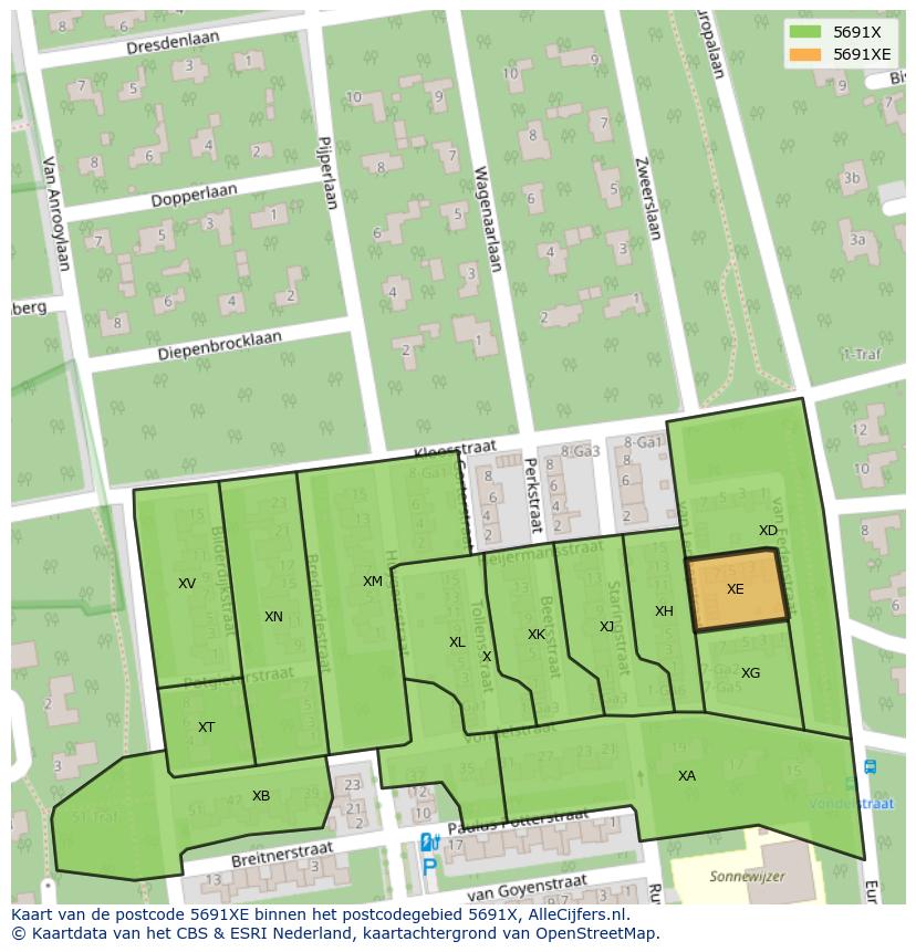 Afbeelding van het postcodegebied 5691 XE op de kaart.