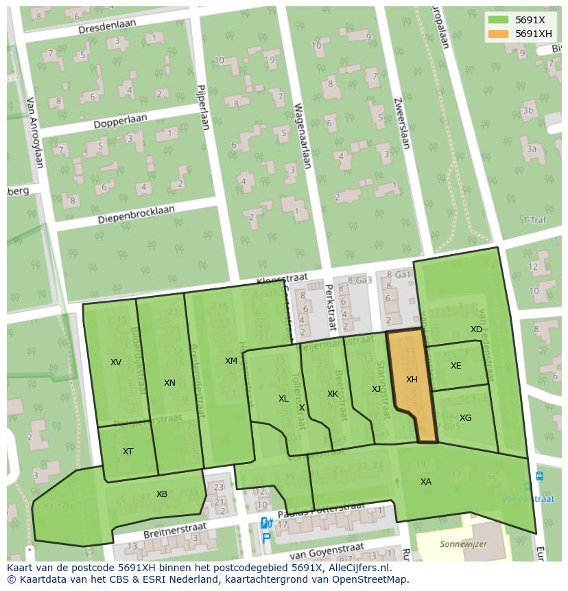 Afbeelding van het postcodegebied 5691 XH op de kaart.