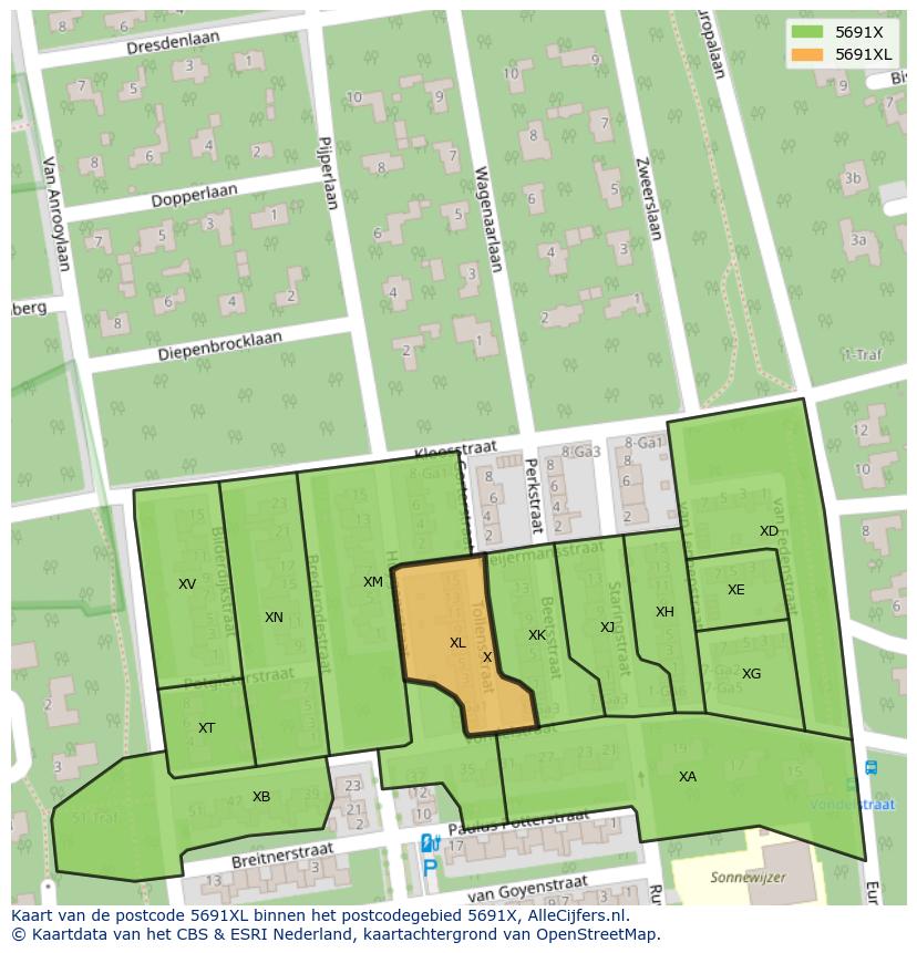 Afbeelding van het postcodegebied 5691 XL op de kaart.