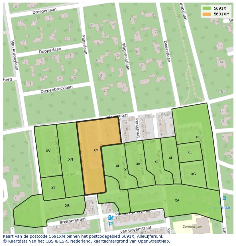 Afbeelding van het postcodegebied 5691 XM op de kaart.